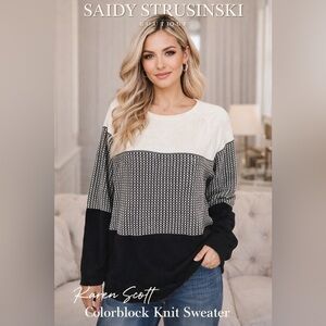 Karen Scott Colorblock Knit Sweater Black White Cotton Size L Casual Cozy